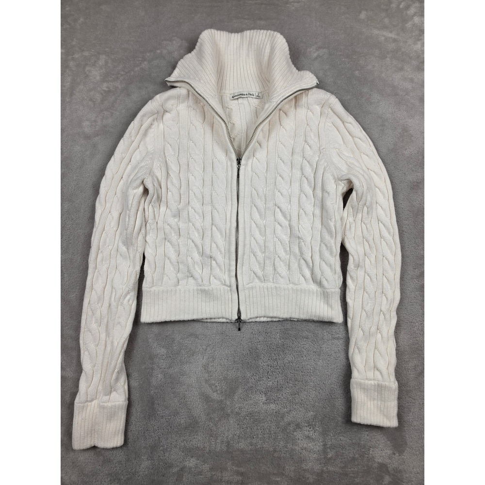 Abercrombie & Fitch Cable Knit Full Zip Sweater Womens Small White Mock Neck